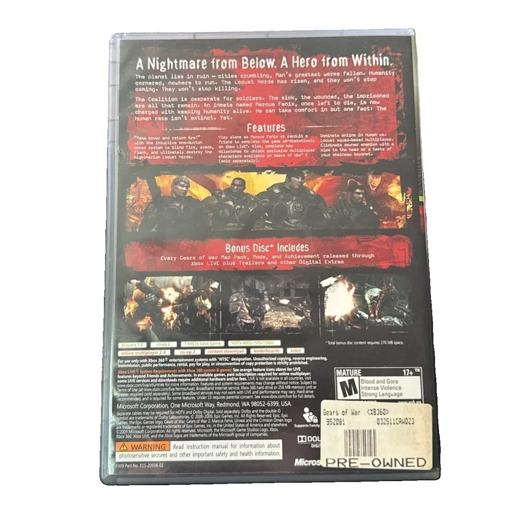 Gears of War (Microsoft Xbox 360, 2006) CIB COMPLETE Tested With Bonus Disc